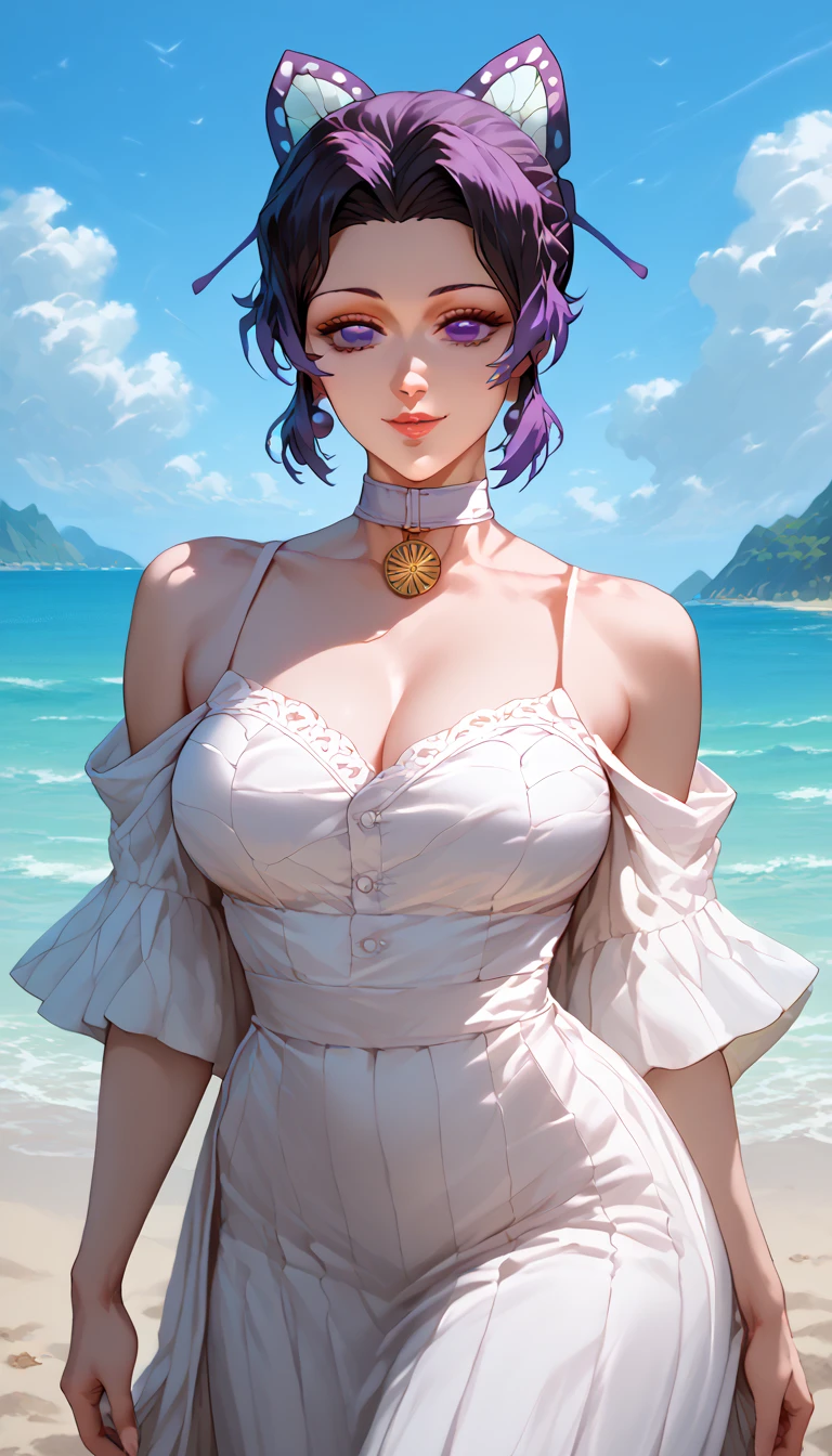 1girl,highres,  high quality,  masterpiece, mxmkWhiteDress,  bare shoulder, purple eyes, white dress, braid, chocker, beach,shinobu kocho from demon slayer,Score_9, Score_8_up, Score_7_up, Score_6_up, Score_5_up, Score_4_up, Source_anime, Tag1, Tag2, Quality_masterpiece, Anatomically correct, Beautiful face, Perfect face, Highly detailed beautiful face and eyes, Attractive face, Detailed face, Delicate facial features, Detailed skin,