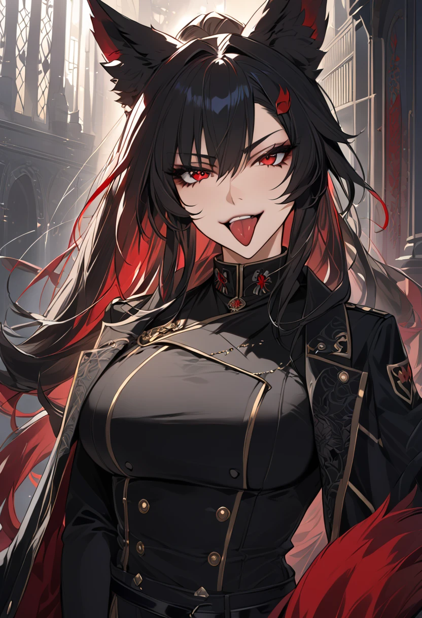 beautiful anime woman wearing a black military trench coat, tight black jeans pants, wolf ears, wolf tail, half wolf and half human, red eye color, black hair in a ponytail, light novel art, detailed anime art, anime, regal, royal, sexy, thicc, beautiful feminine facial features, flirtatious, sultry, slutty, petite, sharp canines, aheago, villain, all black clothing, high quality, very detailed anime art, feminine, slender face, military general vibes, pretty girl, good lighting, close up shot of face, sticking her tongue out expression, lewd, red highlights, lewd smile