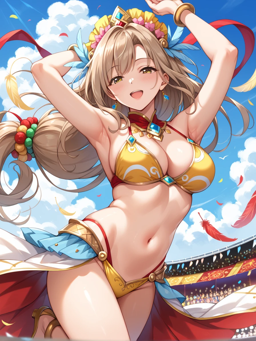 score_9, score_8_up, score_7_up,source_anime, 1girl, solo, light brown hair low-tied long hair, (tareme), golden yellow eyes, half-closed eyes, voluptuous, BREAK, outdoor stage, dancing samba, happy face, arms up, armpit, (carnival dancer costume bikini costume), (feather headdress), feather ornament on back, wind, floating hair, pose to looking away,scenery, masterpiece, best quality, very aesthetic, highly detailed,high resolution,