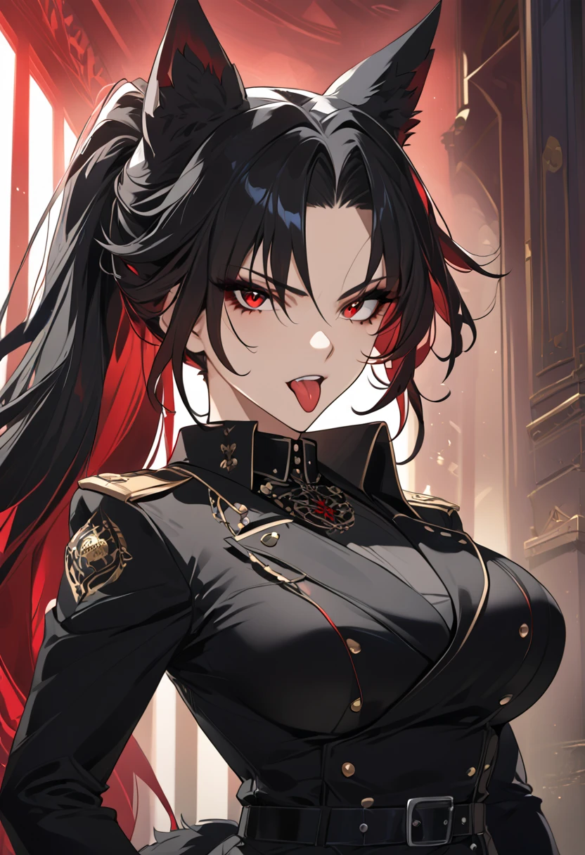 beautiful anime woman wearing a black military trench coat, tight black jeans pants, wolf ears, wolf tail, half wolf and half human, red eye color, black hair in a ponytail, light novel art, detailed anime art, anime, regal, royal, sexy, thicc, beautiful feminine facial features, flirtatious, sultry, slutty, petite, sharp canines, aheago, villain, all black clothing, high quality, very detailed anime art, feminine, slender face, military general vibes, pretty girl, good lighting, close up shot of face, sticking her tongue out expression, lewd, red highlights