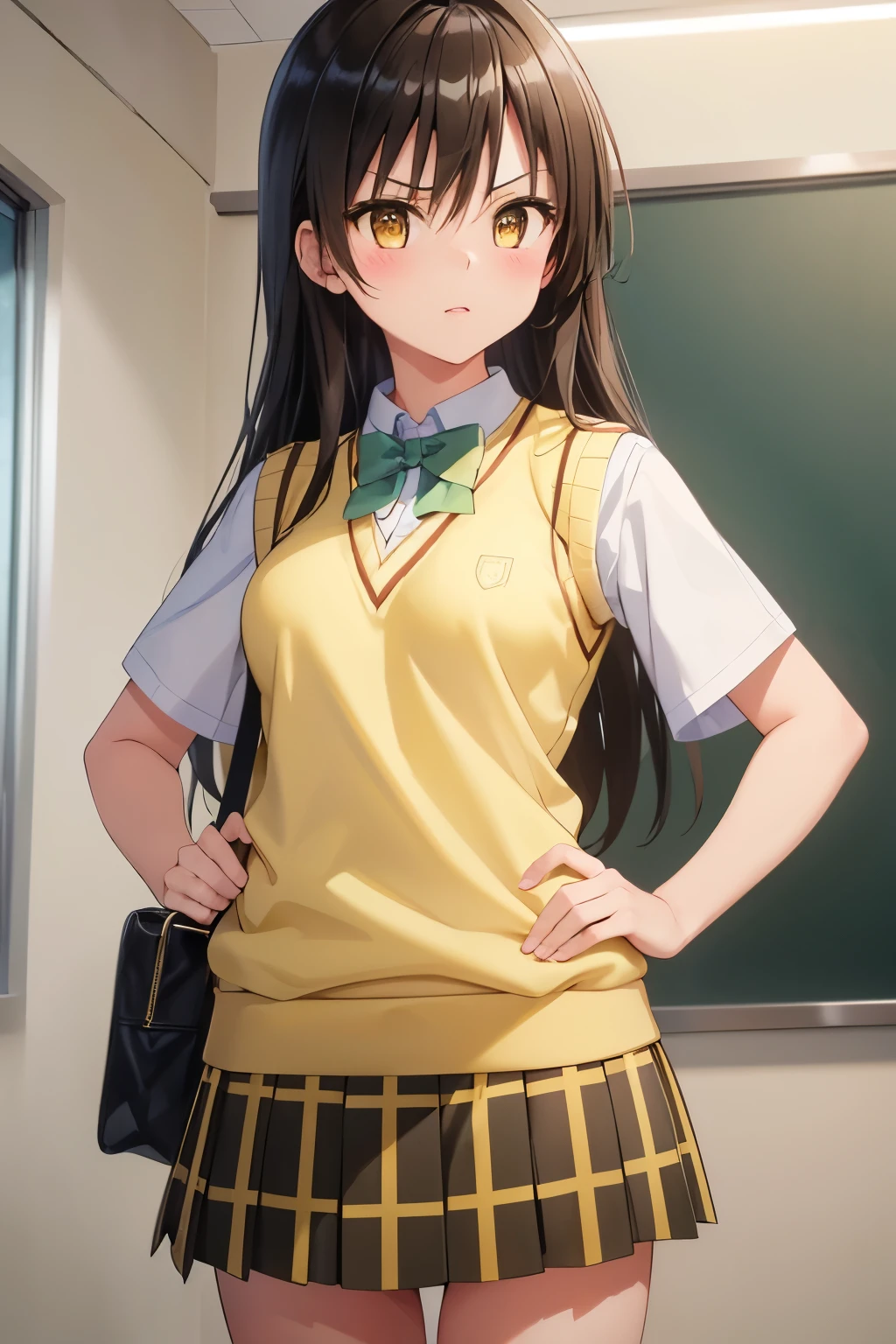 (8k, raw photo, masterpiece, extremely detailed, best quality, professional lighting, high res, clear lines), BREAK beautiful and adorable girl, yui kotegawa, black hair, (brown eyes:1.5), long hair, green skirt, plaid, plaid skirt, sainan high school uniform, school uniform, skirt, sweater vest, (yellow sweater:1.3), short sleeves, (grown up looks), 162 cm height, 51 kg weight, (elite, serious:1.2), cool