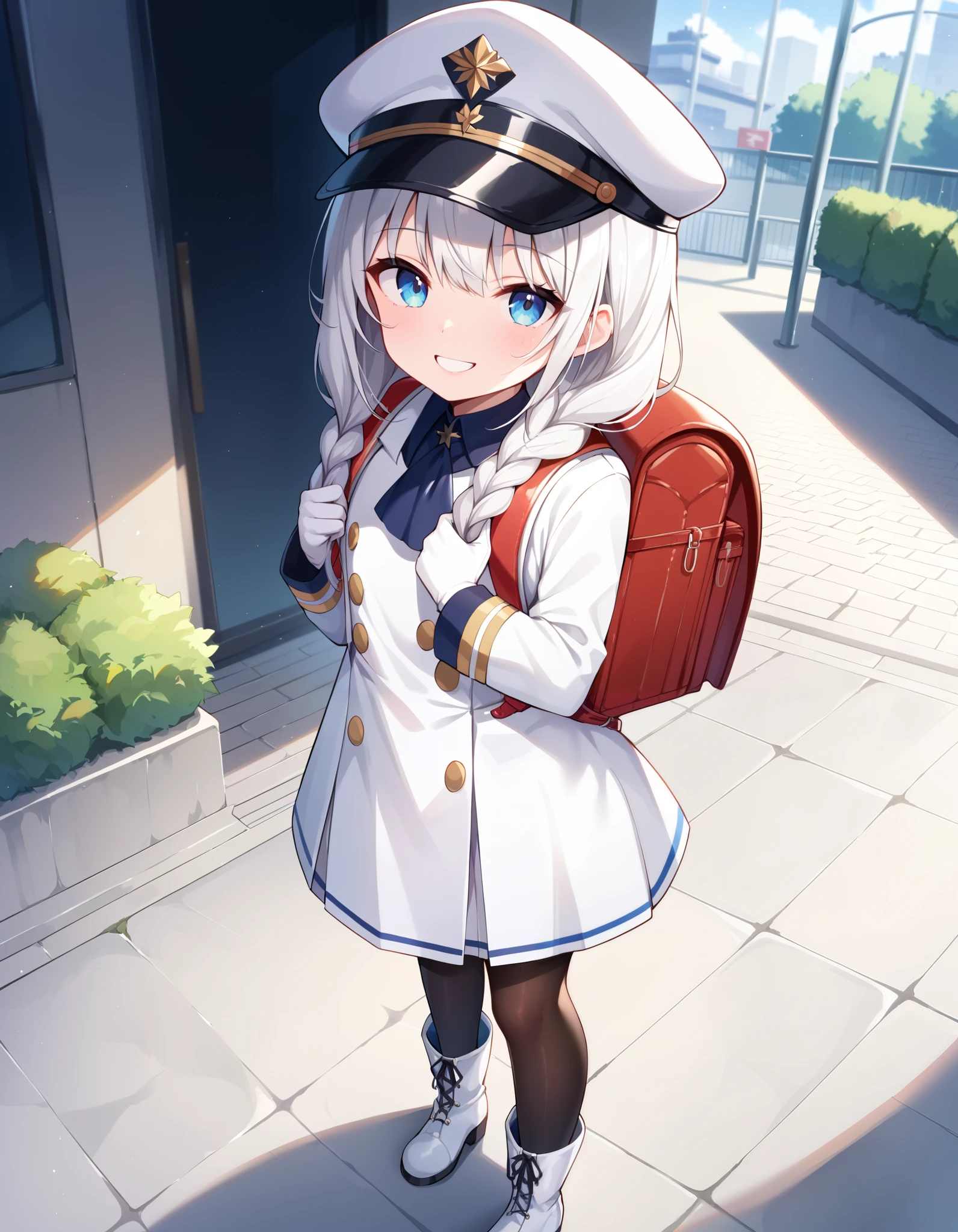 (masterpiece:1.3), (best quality:1.3), (ultra-detailed:1.3), 1girl, looking at viewer, long hair, braided hair, smile, outdoors, military head cap, white jacket, white coat, military uniform, white gloves, white skirt, black pantyhose,white boots, standing, fullbody, wearing randoseru backpack,  red backpack