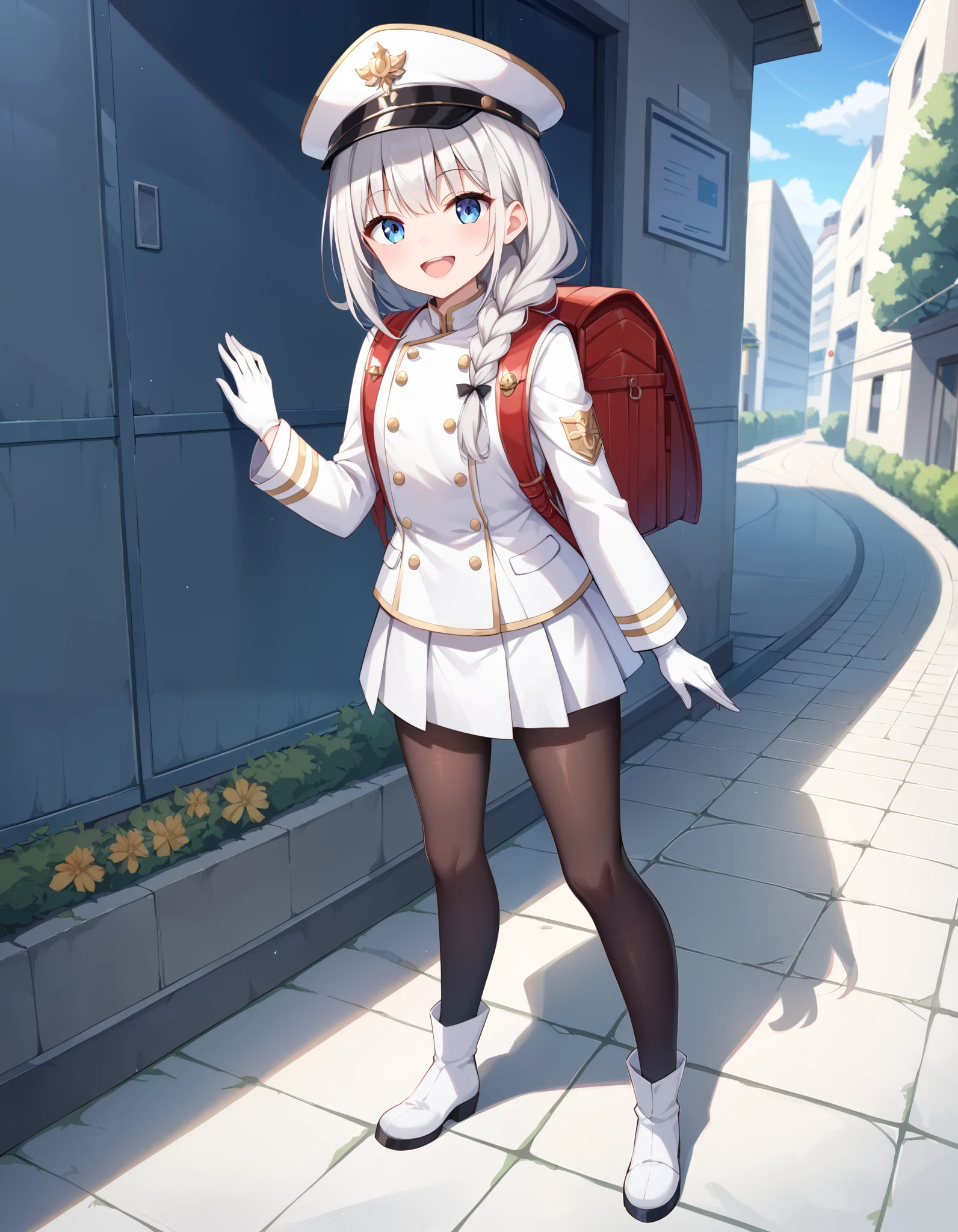 (masterpiece:1.3), (best quality:1.3), (ultra-detailed:1.3), 1girl, long hair, braided hair, smile, outdoors,  shako cap, white jacket, white coat, military uniform, white gloves, white skirt, black pantyhose,white boots, standing, fullbody, wearing randoseru backpack,  red backpack