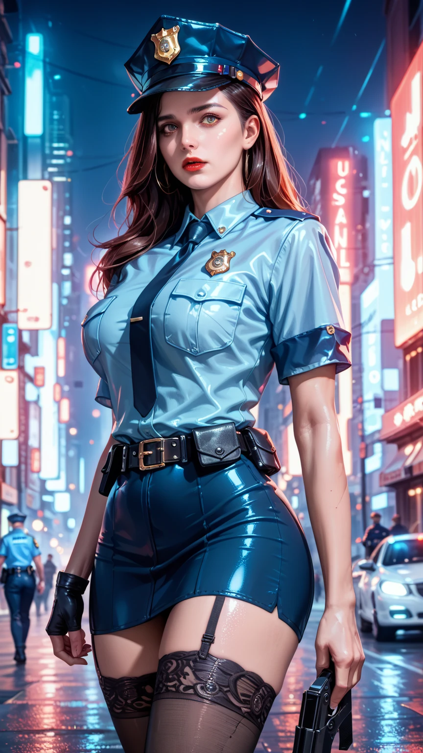 alone, (Police uniform, Female police officer), stockings, City lights, (Looking at the audience: 1.3), Release your lips, Red lips, Shiny skin, Skin dents, Highest quality, Ultra-high resolution, (realism: 1.4),