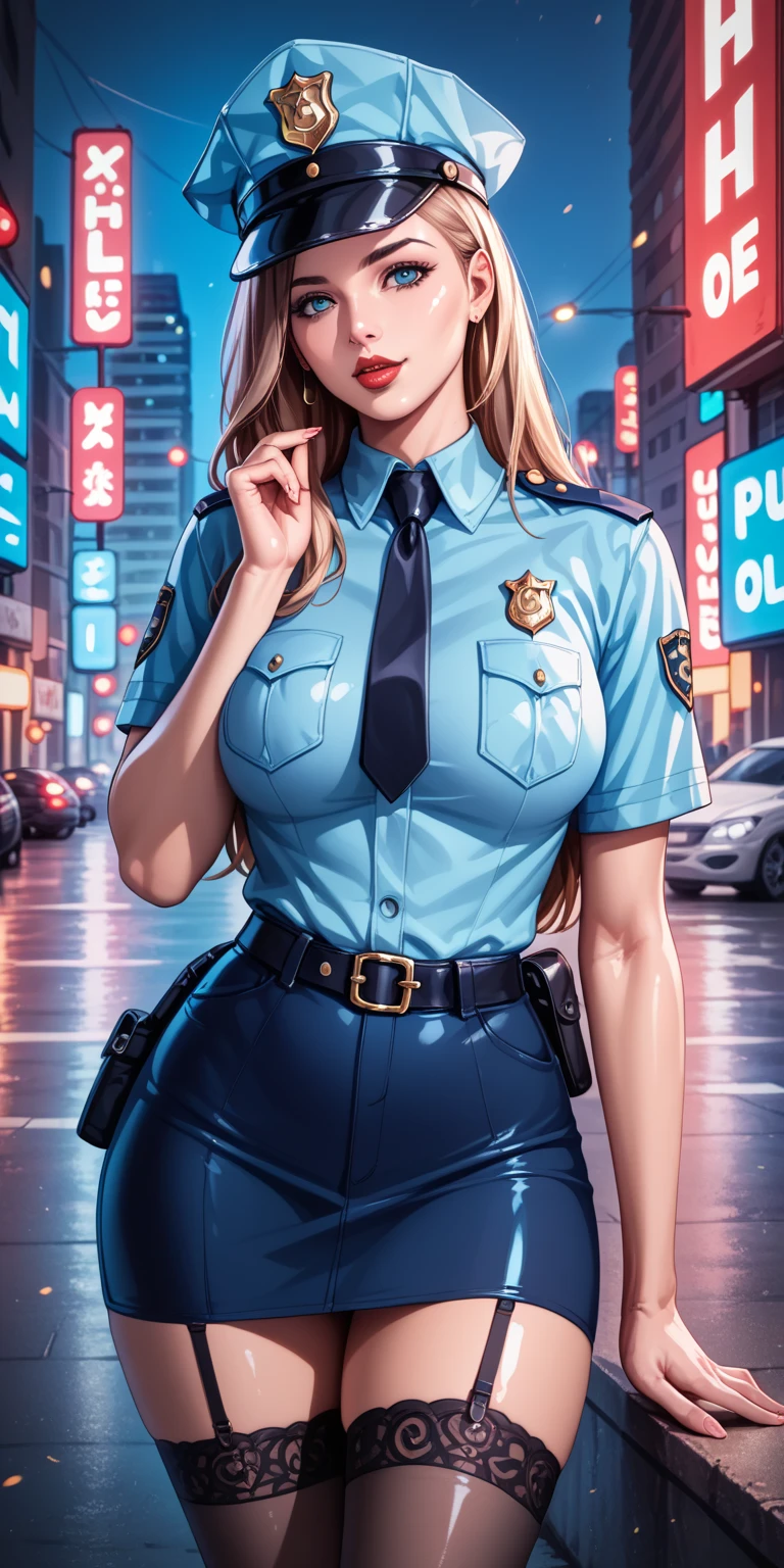 alone, (Police uniform, Female police officer), stockings, City lights, (Looking at the audience: 1.3), Release your lips, Red lips, Shiny skin, Skin dents, Highest quality, Ultra-high resolution, (realism: 1.4),