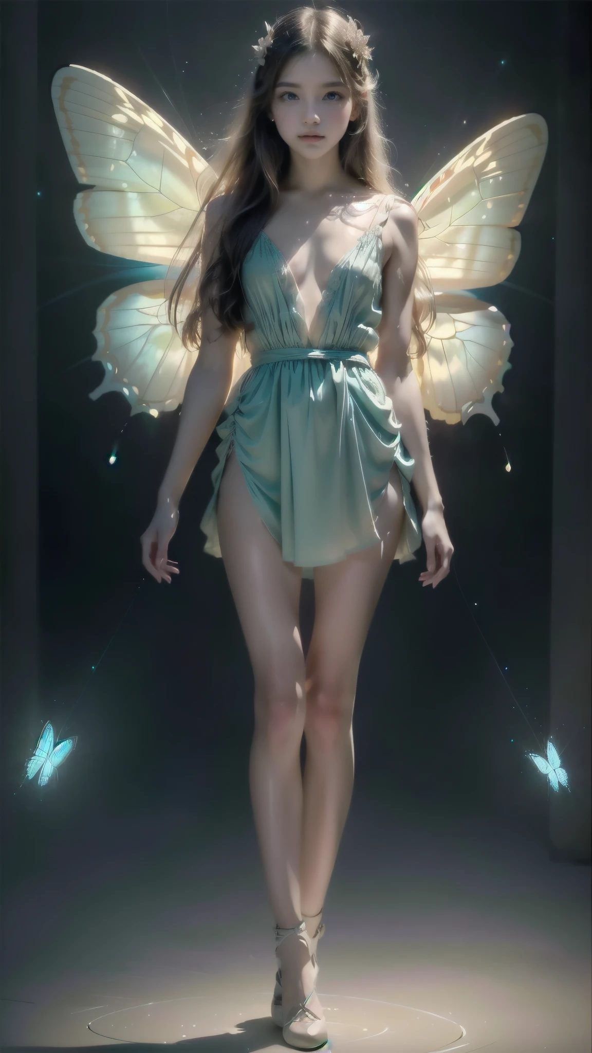 A fairy, , , flat chest, skinny, very young,  has a pair of wings on her back.  Little Innocent .
body proportions, (Chapped lips:1.4), (blush de nariz:1.2), foreshortening, black cuts, (eye contact), High contrast, ultra high resolution, high resolution, detailed, Clean face,  ( sexy face :1.5), (big purple eyes:1.2), ( Ultra-detailed eyes :1.4), ( High-resolution eyes :1.1), ( ultra detailed skin texture :1.4), PERSEPHONE, Persephone, Persephone, (SFW:1.5),  (full body:1.8), (upper body up:0.3), (hyper realistic:1.4), (realistic:1.3), (best quality real texture skin), Detailed eyes, detailed face, tan, Pal Shiyuan,blonde hair,dress,gloves,white pantyhose,pointy ears,Star \(symbol\), Beautiful dance pose, She gently lifted her skirt with one hand, sends all the white gold Butterfly around，Lilac dendrobium、White Lily, Small legs , Deep in Wonderland, ((Flowing long hair))Official Art , Unity8k Wallpaper , Extremely detailed , Visible cleavage, Pretty and beautiful , Sexy Long Legs, masterpiece , best quality ,Practical, Very detailed illustrations ,Extremely detailed , Intricate details , Extremely complex and detailed , Very detailed 8KCG wallpaper , Caustics .reflection , Ray Tracing , flower theme ,nebula ,white aura, Network Effects , (1 girl)solitary , Little Blue Butterfly , (Blue plasma flame , (insect , Butterfly)) Pastel tones in Rococo style ,Light white and light dark red , Incredibly beautiful , Cherry blossoms ,  surrealism ,painting , Ethereal , Mixing reality and fantasy elements ,Ray Tracing , Complex Mode , Exquisite lines , Perfect your hands, Starry Sky , Colorful , Star

