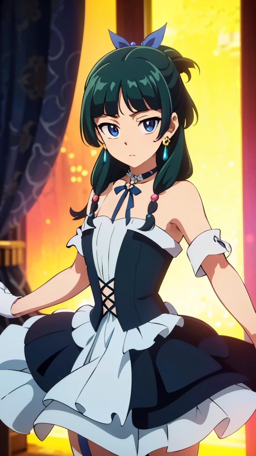 Top quality (8k, high resolution, masterpiece: 1.2), super detailed, anime art style, dynamic angle, (green hair, blue eyes:1.3), ( g0wn, platform shoes, (black knee socks), cropped jacket, (layered asymmetrical hi lo dress), (ornate trim), earrings, pearls, choker, ((neck ribbon)), black cap, corset), (small medium breast:1.2), detailed green hair, detailed blue eyes, intricate hairstyle, long hair, slim body, perfect eyes, youthful, hair accessories, earrings, half-updo, slightly dull bangs, detailed lighting, bright colors, looking at the viewer, in the center of the image, (cowboy shot:1.3),