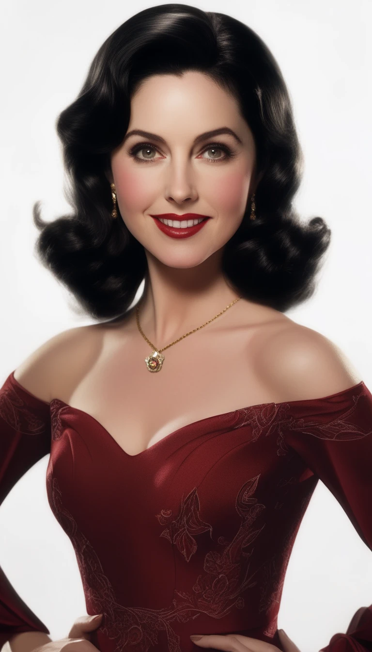 a close up of a woman in a red dress posing for a picture, beautiful alison brie magician, artgerm and gil elvgren, lynda carter wonder woman, gorgeous young alison brie, inspired by Alberto Vargas, her black hair is a long curly, by Alberto Vargas, pinup, great likeness, ww2 era, gorgeous female alison brie, vintage makeup