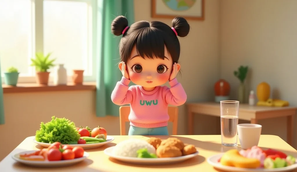 ((picture taken from the front))
The style is 3D animation with a Vibrant color palette, in 3 D animation image of a cute and adorable with her hair into two buns on top and bangs, wearing a pink sweater with "uwu" printed on the front, blue short, her face is sullen, both hands on the dining table ((dining table with various vegetables, a plate of white rice, fried chicken and a glass of water)), both hands supporting her head indicating that she has no appetite.