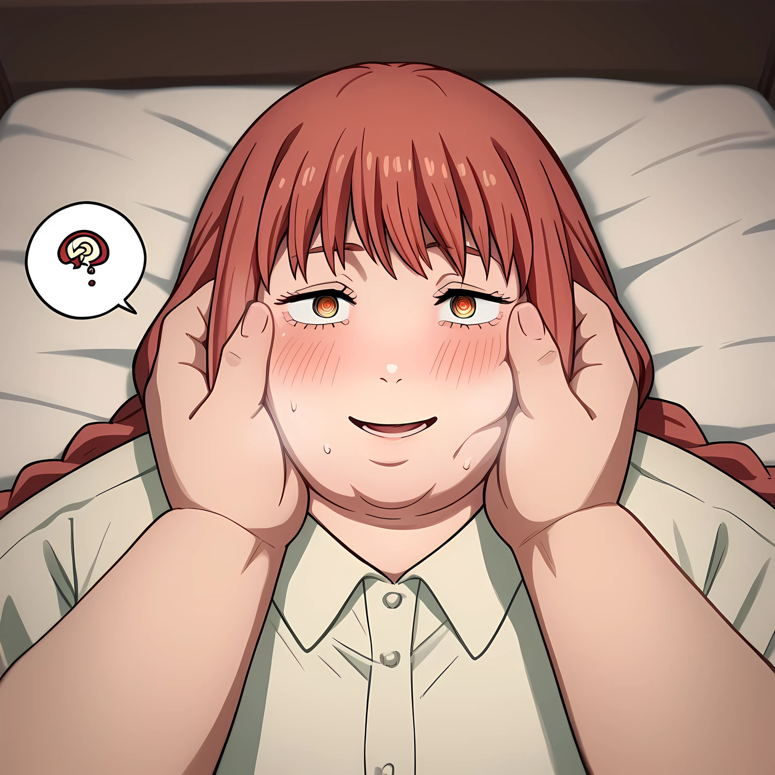 score_9, score_8_up, score_7_up, score_6_up, score_5_up, score_4_up, best quality, masterpiece, colorful, very aesthetic, anime,
BREAK
(lying on bed:1.2), knee up, half closed eyes, blush, smile, open mouth, seductive , night, holding sheets,   1girl, mak1ma0, red hair, long hair, ringed eyes, braided ponytail,white collared shirt,full body,black pantsswollen face, fat, chubby, obese, open mouth, out of breath, absurdres, highres icon, rating:General, confused, blush, spoken question mark, {flustered}, nervous sweating, portrait, pov hands, hand on another's cheek, averting eyes, [looking away], straight-on, from above,  upper body, masterpiece, best quality, ultra-detailed, high resolution, 8K, absurdres, highres icon,