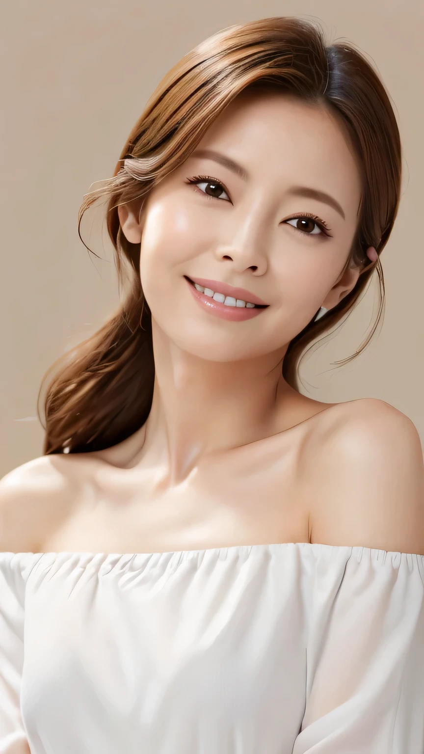 White background、 off-shoulder 、 bust up、Fair skin、smile、 Japanese Women 、 skincare model 、Age 35、Super beautiful、 well-prepared face、8K resolution、 super real 、 Super Fine、(( highest resolution、8k、 greatest masterpiece: 1.3) )、 Super Fineフェイス、 Super Fineリップ、Fine grain、 double eyelids
