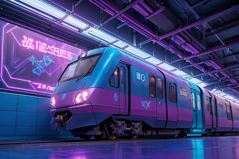 Cyberpunk style train image, Blue and purple neon signage，Abstract graffiti on the train, in jungle，trains,(1 girl:1.4), luring,(8K, Award-winning, Best quality, A high resolution, high detal, Anatomically correct, ctextured skin, 1 girl:1.3),(trains:1.3)Fly with high technology