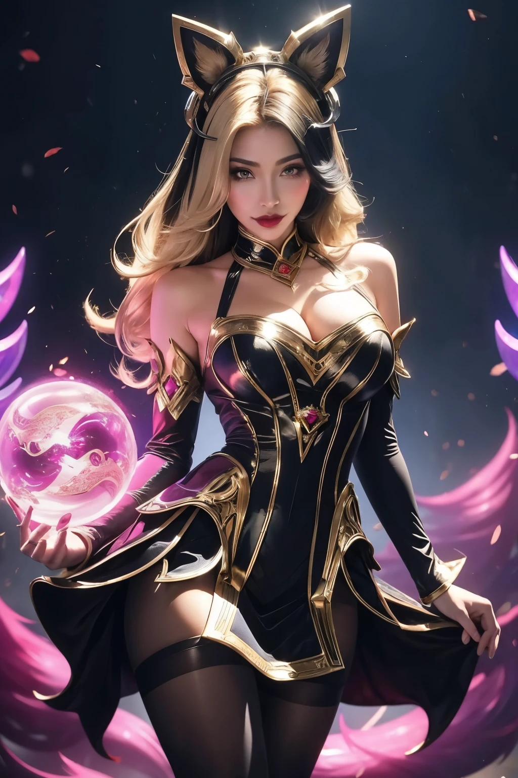 (  masterpiece ,  best quality :1.2), Intricate details, conventricle ahri , 1 , dress,  DETACHABLE SLEEVES,  cleavage,  multicolored hair,  blond hair ,  black hair,  animal ears , pantyhose,  moustache marks, multiple tails, energy ball,  upper body, 