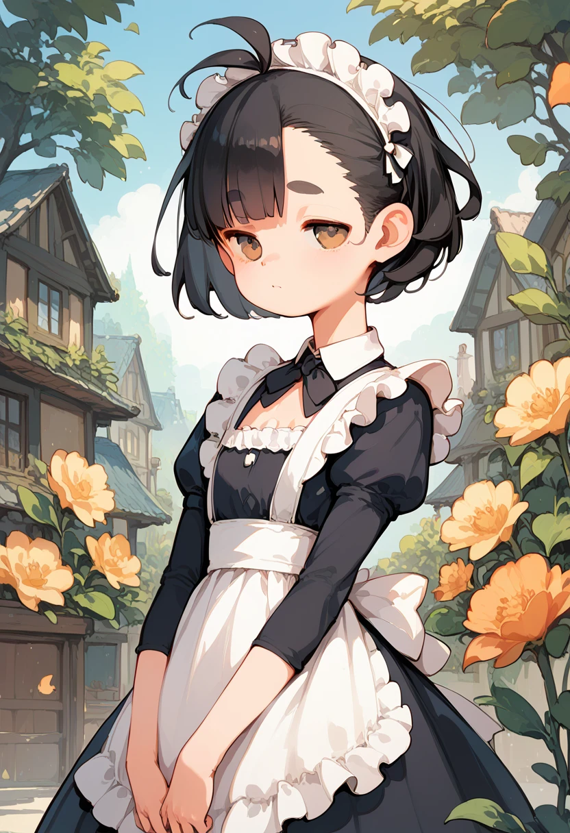 1girl,li,,short stature,flat breasts,black hair,short hair,asymmetry bangs,small antenna hai like sprout,mini antenna hair, short eyebrows,thick eyebrows,brown eyes,half closed eyes,jitome,maid dress,