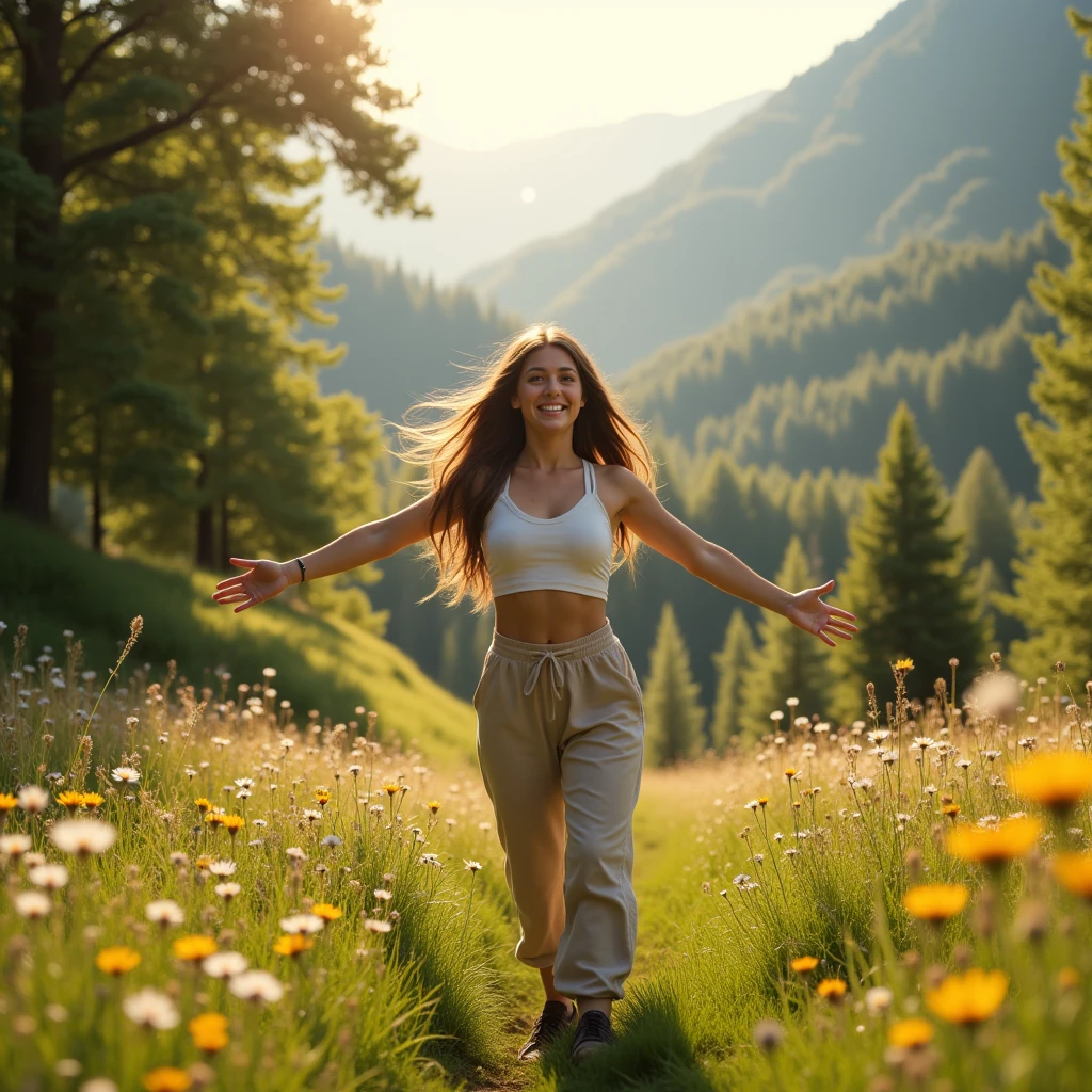  An inspiring and ambitious image of Isabella exploring the outdoors , embracing the beauty of nature ,  and serving as motivation for her followers to embrace wellness and self-care, brown hair, hazel eyes, white skin 