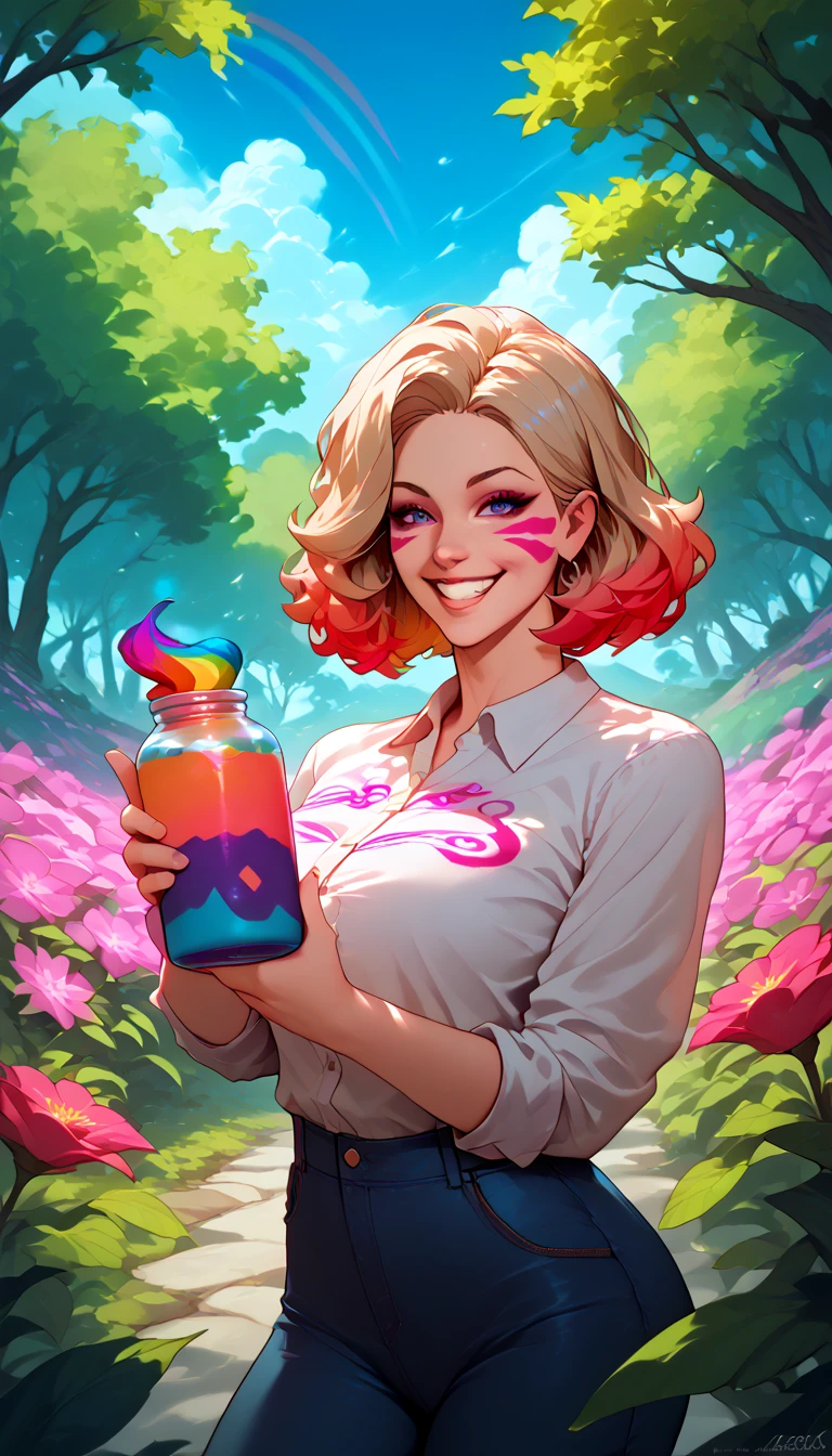 A girl standing with a beaming smile on her face, holding the jar of magic paint in her hands. It is surrounded by a magical and colorful environment, with colorful flowers, vibrant trees and a sky full of rainbows. 4k resolution