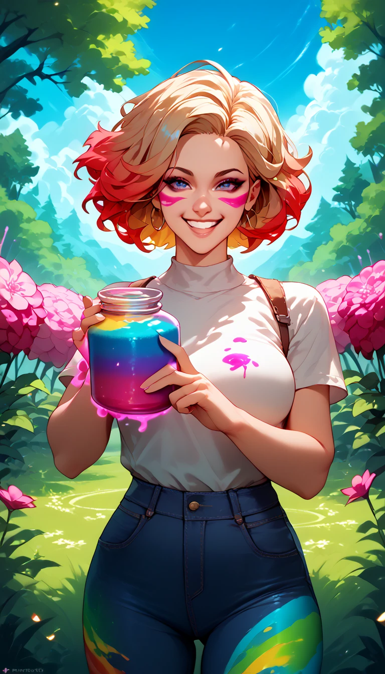 A girl standing with a beaming smile on her face, holding the jar of magic paint in her hands. It is surrounded by a magical and colorful environment, with colorful flowers, vibrant trees and a sky full of rainbows. 4k resolution