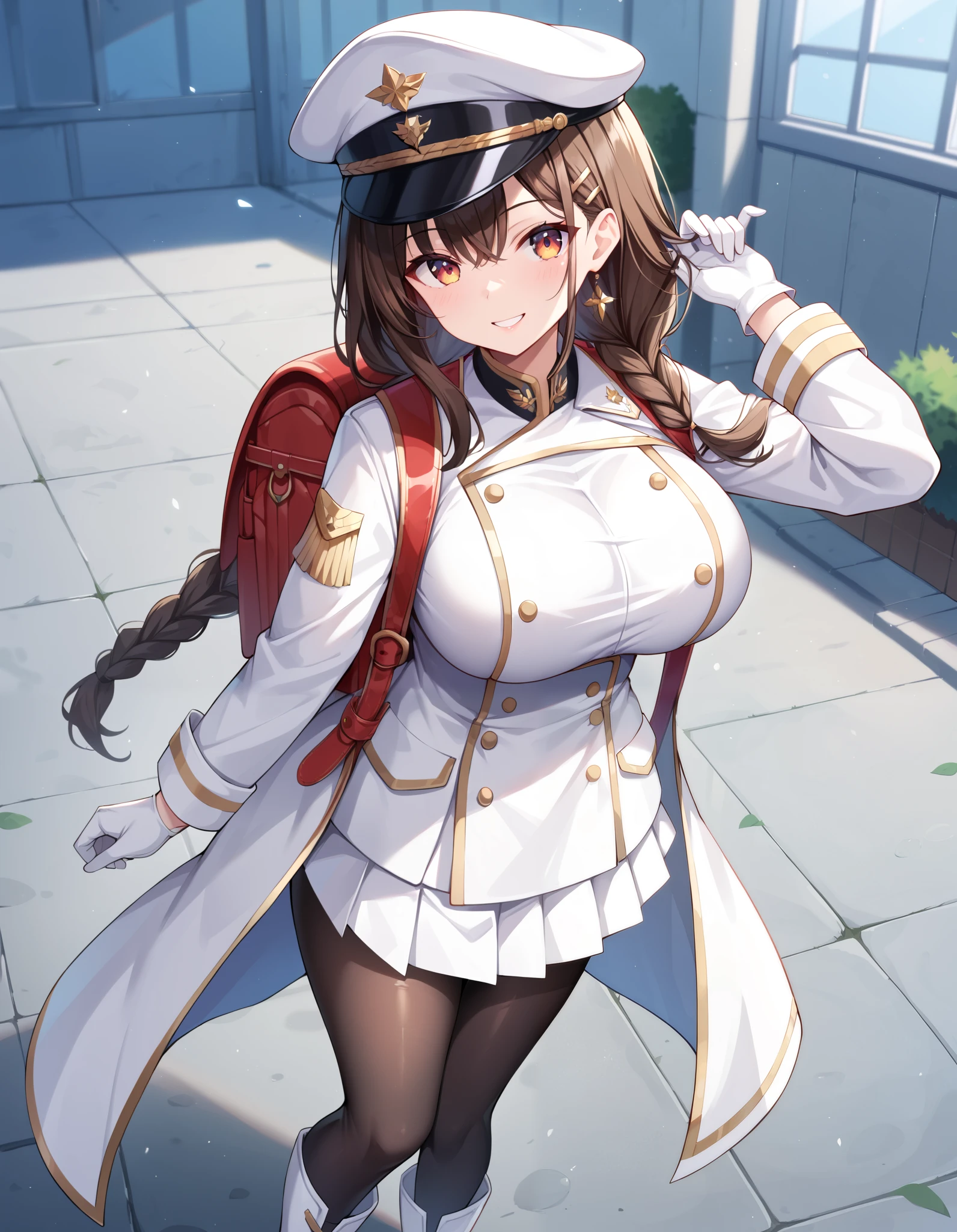 (masterpiece:1.3), (best quality:1.3), (ultra-detailed:1.3), 1girl, long hair, brown hair, braided hair, huge breasts, smile, outdoors,  military cap, white jacket, white coat, military uniform, white gloves, white skirt, black pantyhose,white boots, standing, fullbody, wearing randoseru backpack,  red backpack