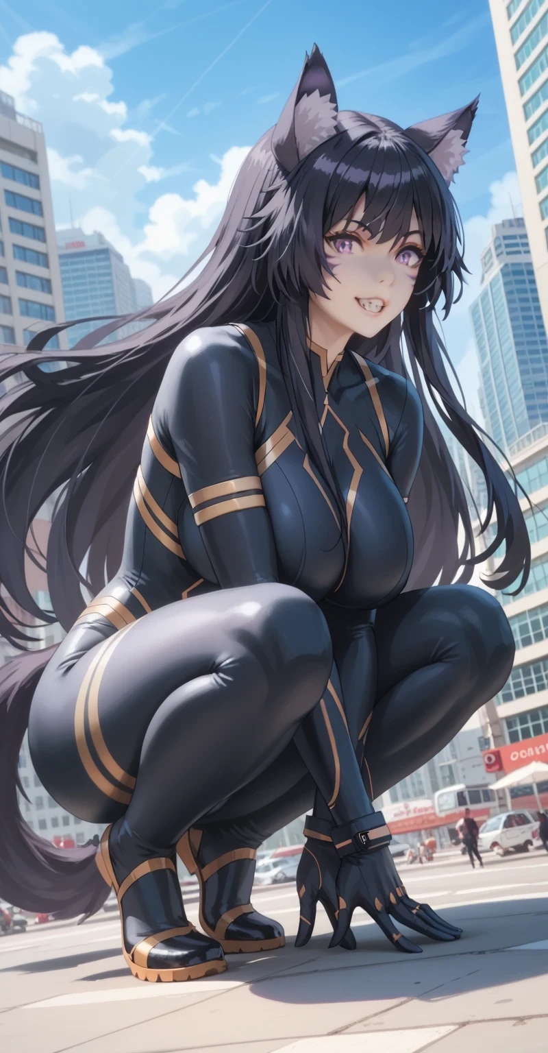 Tall girl, Fit girl,score_9, score_8_up, score_7_up, score_6_up, uncensored, delta, delta from eminence in shadow, long hair, black hair, animal ears, purple eyes, cat ears, animal ear fluff, facial mark,huge breast, tail fluff, black_hair, solo, superhero, black_hair, bodysuit, squatting, long_hair, teeth, 1girl, city, outdoors, sky, spider_web_print, building, day, full_body