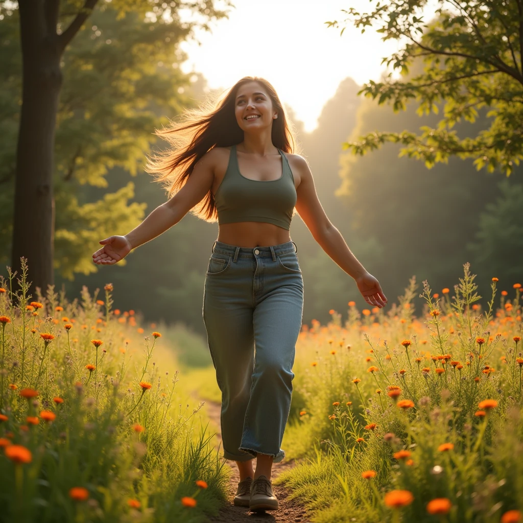 An inspiring and ambitious image of Isabella exploring the outdoors , embracing the beauty of nature , and serving as motivation for her followers to embrace wellness and self-care, brown hair, hazel eyes, white skin