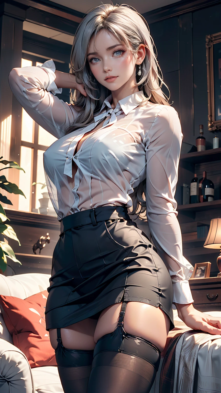 24 year old Caucasian female、long hair、Straight Hair、Silver Hair、Shiny hair、Sexy proportions、Wear a lace choker、Wear a bustier top、Cleavage Emphasis、Lower milk visible、I can see my belly button、Wear leggings、Wear stiletto heels、smile、I'm on the beach with the horizon in view、background、Plenty of sunshine、