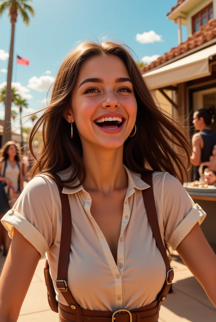 Isabella, a vibrant and charismatic young woman, laughing joyfully while enjoying a fun activity in an engaging setting, showcasing her infectious energy and positive attitudeIsabella, a vibrant and charismatic young woman, laughing joyfully while enjoying a fun activity in an engaging setting, showcasing her infectious energy and positive attitude, brown hair, hazel eyes, white skin 