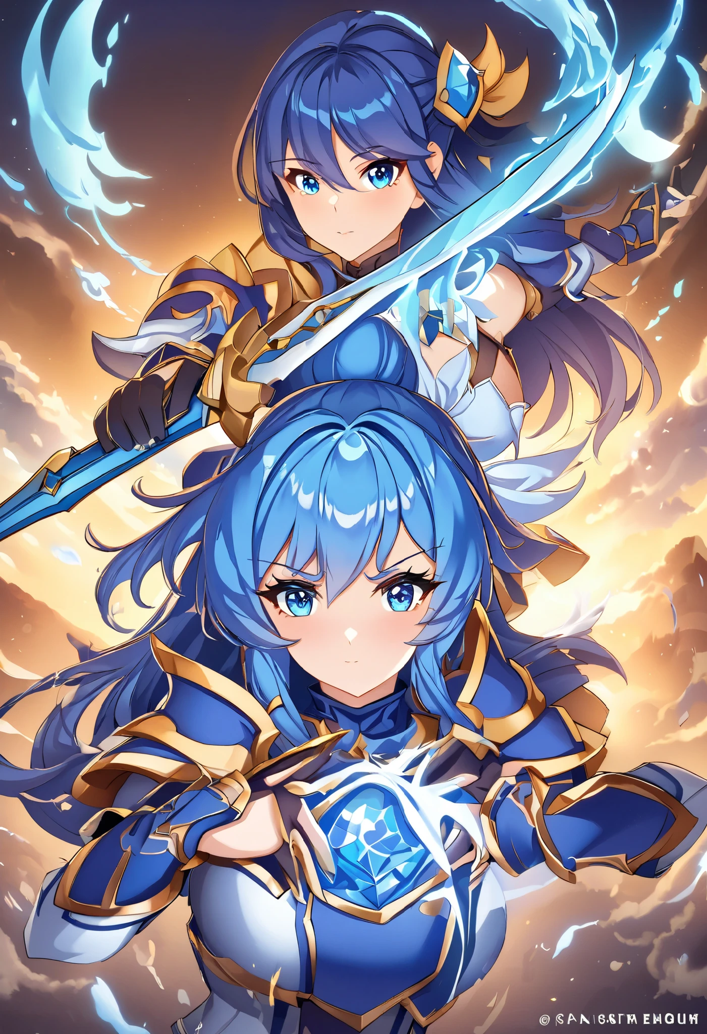 Anime girl with blue hair and blue eyes holding a sword, Aqua from Konosuba ,  Ayaka Genshin Impact,   konosuba anime style  , konosuba, Ayaka Game Genshin Impact ,  splash art anime Lori , Artgerm and Atey Ghailan ,  Epic Light Novel Art Cover ,  PORTRAIT A KNIGHT GIRL OF THE ZODIAC, Girl in Armor