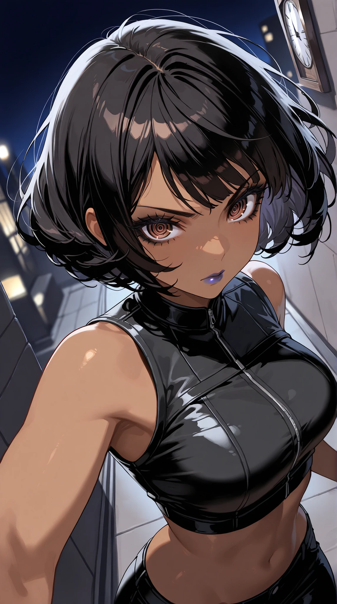 (masterpiece), best quality, perfect face,hourglass body, 1 woman, 1female, solo,detailed skin, tan skin, 1girl, solo, black hair, bangs, (, curvy, brown eyes, black hair, bob cut, curly hair, messy hair, side bangs, medium breasts,  dark-skinned female, dark skin, ((crop top vest)), badass, beautiful face, mascara, black eyeliner, violet lips,  dynamic angle , expression, night,  looking at viewer, 1girl, eyelashes, ringed eyes, eye focus, close-up, suit, serious look, fight, 