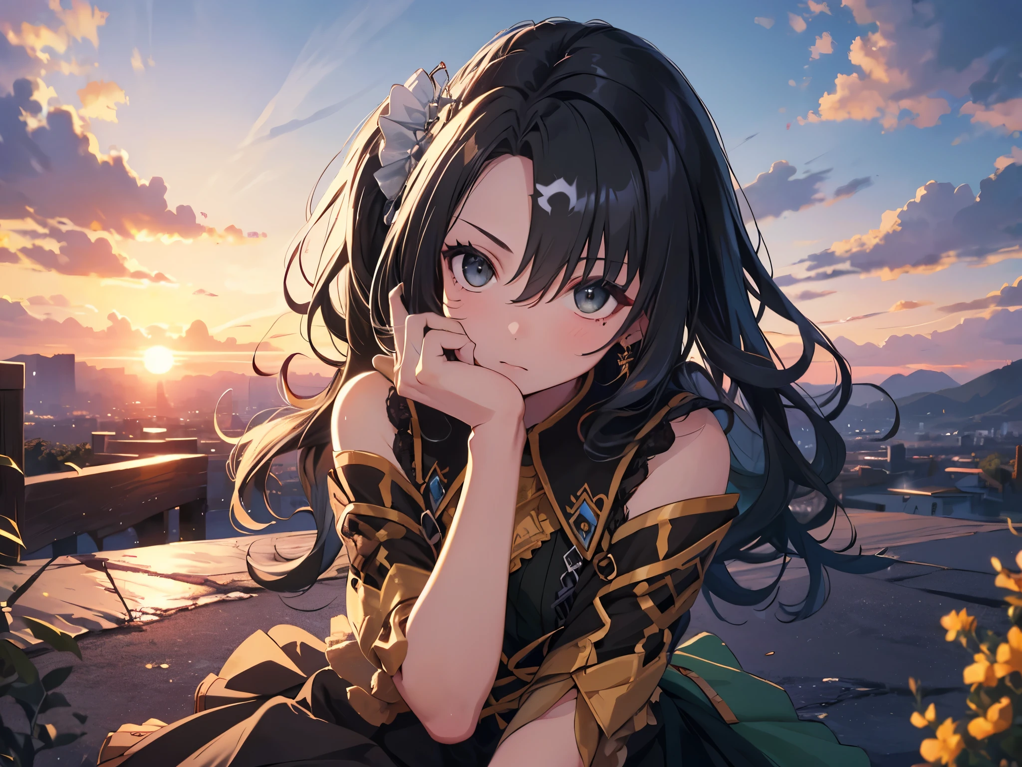 Alone, 1 girl, (human ears, earrings), (Anime Face),( side ponytail、 hair ornament), (((sitting, hands on face))), (black casual dress with ruffled sleeves, black skirt with ruffles), ( sunset sky, sunset sun) , evening sky), (focus on chest, Oblique angle), (high resolution, masterpiece, accurate, anatomically correct, multiple award winning, top quality, detailed, high quality model, high quality , retina, highly detailed, textured skin, ultra-high resolution)、((Place the character in the center、 upper body))