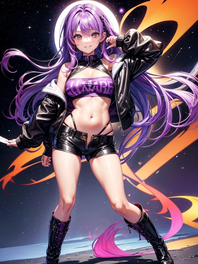 Naomi is a teenage girl with a medium build and a pale, purple-ish skin tone. She is slightly taller and physically bigger than her sister due to being slightly older than her. She has long, softly curled dark purple hair with streaks of magenta, teal, and black, that is parted down the middle in an oil slick pattern. The front section of her hair is tied up into a half up half down pigtail style, with two loose tendrils. Her eyes are a pale blue. Her makeup consists of intricate oil slick rainbow eyeshadow, with purple and black ombre lipstick. She also has purple freckles across the bridge of her nose and cheeks. Her style is described as being attention-grabbing and fashion-forward, with accents such as latex and faux fur.
Her face sculpt features a more slender face shape, and a more upturned eyeshade than the original face sculpt. Naomi's main outfit consists of a matching oil slick black leather studded bralette and pencil skirt, with a long sleeved oil slick black fluffy jacket with silver details and pointed studs sewn through it. As for shoes she wears tall black broken glass patterned oil slick heels, and she also wears large studded silver hoop earrings decorated with gothic letter fonts of "S" and "H".