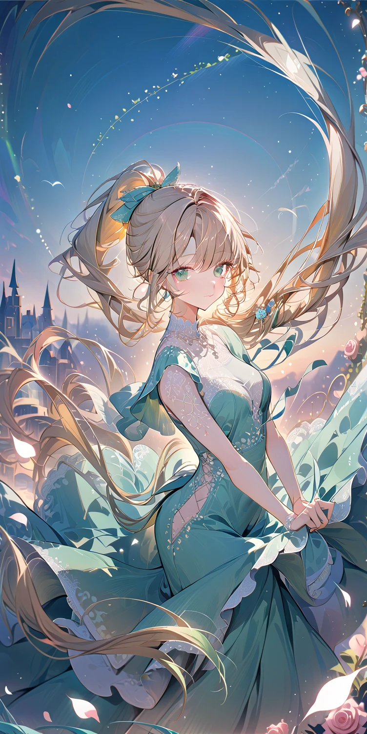 1girl, Rose gold blonde hair, absurdly long wavy hair ponytail, emerald green eyes, fox tail, small mouth, slender body, large breast, lace long dress, ribbons swaying, white background, blooming pale pink flowers, petals dancing in the wind, soft light enveloping the scene, dreamlike atmosphere, contrapposto, gentle smile, look at viewer, soft focus, lens flare, masterpiece, best quality, pastel tones, lace details, ultra-detailed texture, perfect composition, high resolution, sharp focus, delicate brushwork, Vector Art, 2D flat, sleek design, AddXL, Dream Scenery, vibrant accents, lace-patterned details, simple shapes, flat colors, additional XL elements, and a dreamy, fantastical scenery