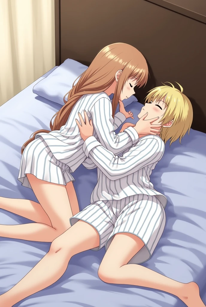 (Masterpiece, Best Quality, High Quality), professional artwork, well drawn, Intricate Details,(((a fat boy and a girl sleeping on bed))),Kousaka honoka, room, earring, t-shirt, midriff peek, denim pants, curvy hip, blue eyes,happy, sleeping ,1boy, sexually suggestive 