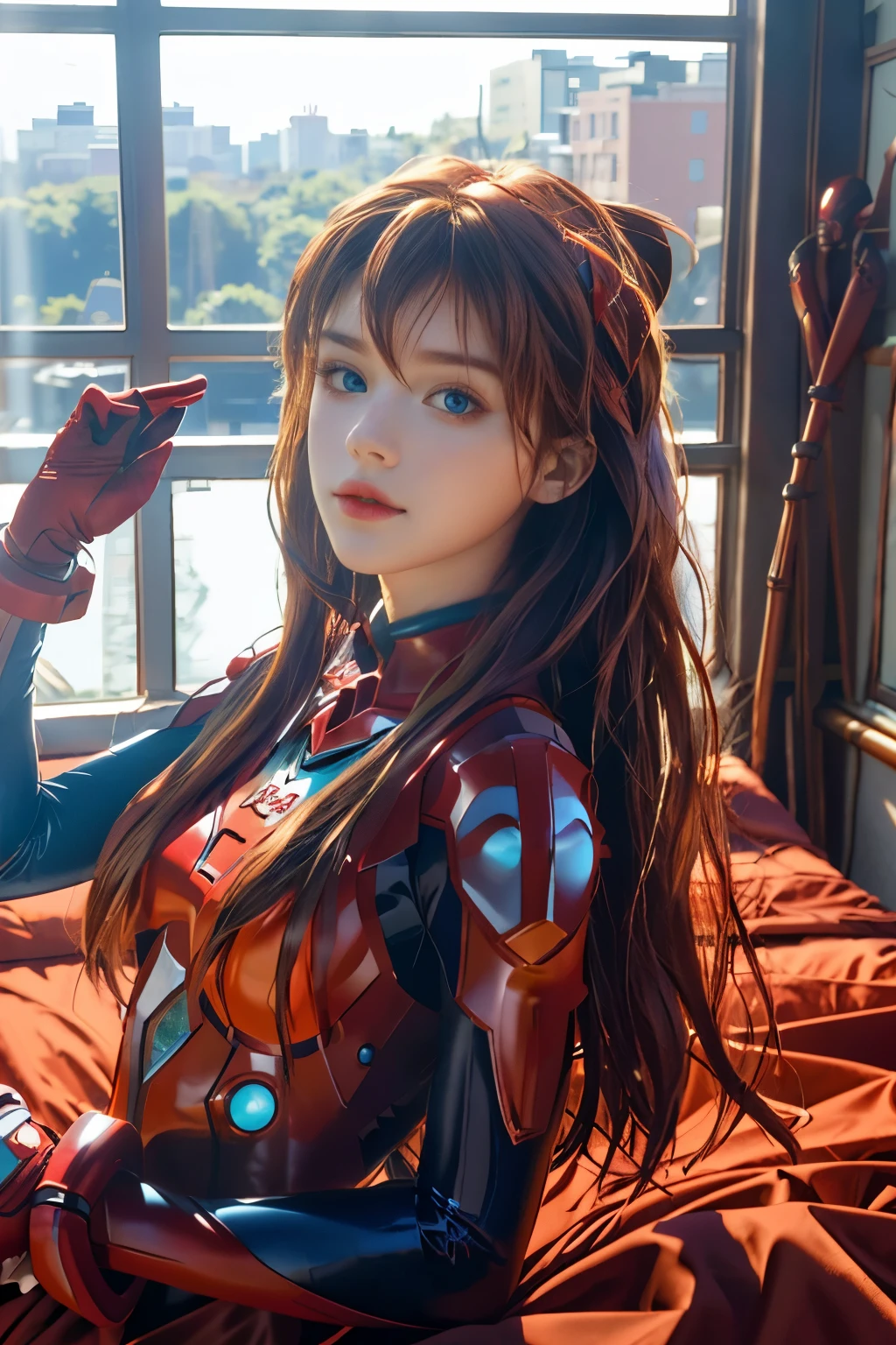 4K, 8K, (Masterpiece, best quality:1.2), blue eyes, perfect face, cosplay, professional photo, photo, photorealism, modelshoot style, portrait of shirogane, red plugsuit, feminine, bedroom, bed, sheets, window, plants, upper body, face shot