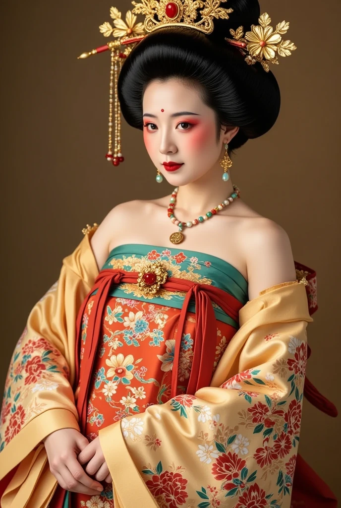  French white skin plump juicy woman dressed as a geisha, Kimono Beauty, Holding a Japanese sword ， strapless