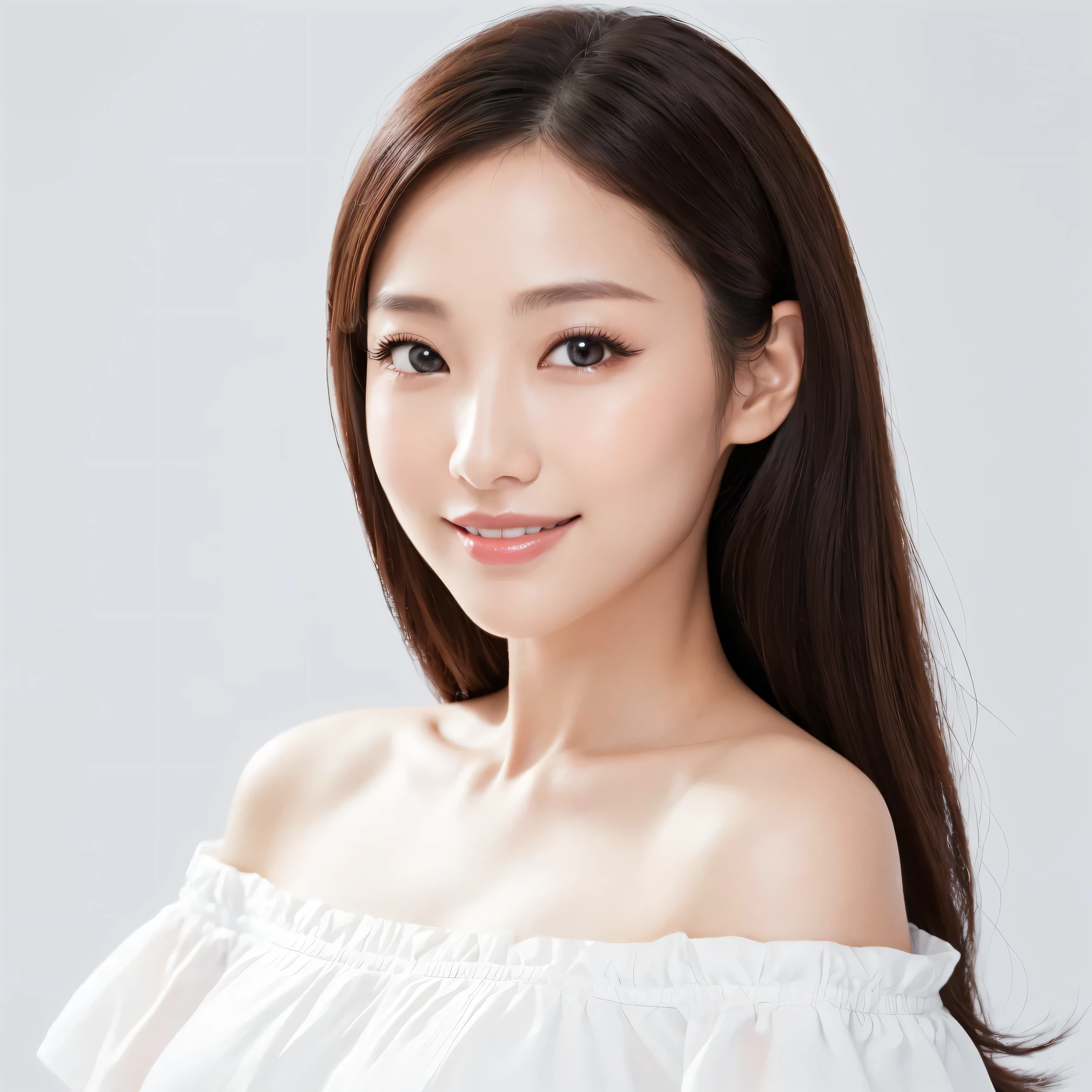 White background、 off-shoulder 、 bust up、Fair skin、smile、 Japanese Women 、 skincare model 、Age 35、Super beautiful、 well-prepared face、8K resolution、 super real 、 Super Fine、(( highest resolution、8k、 greatest masterpiece: 1.3) )、 Super Fineフェイス、 Super Fineリップ、Fine grain、 double eyelids