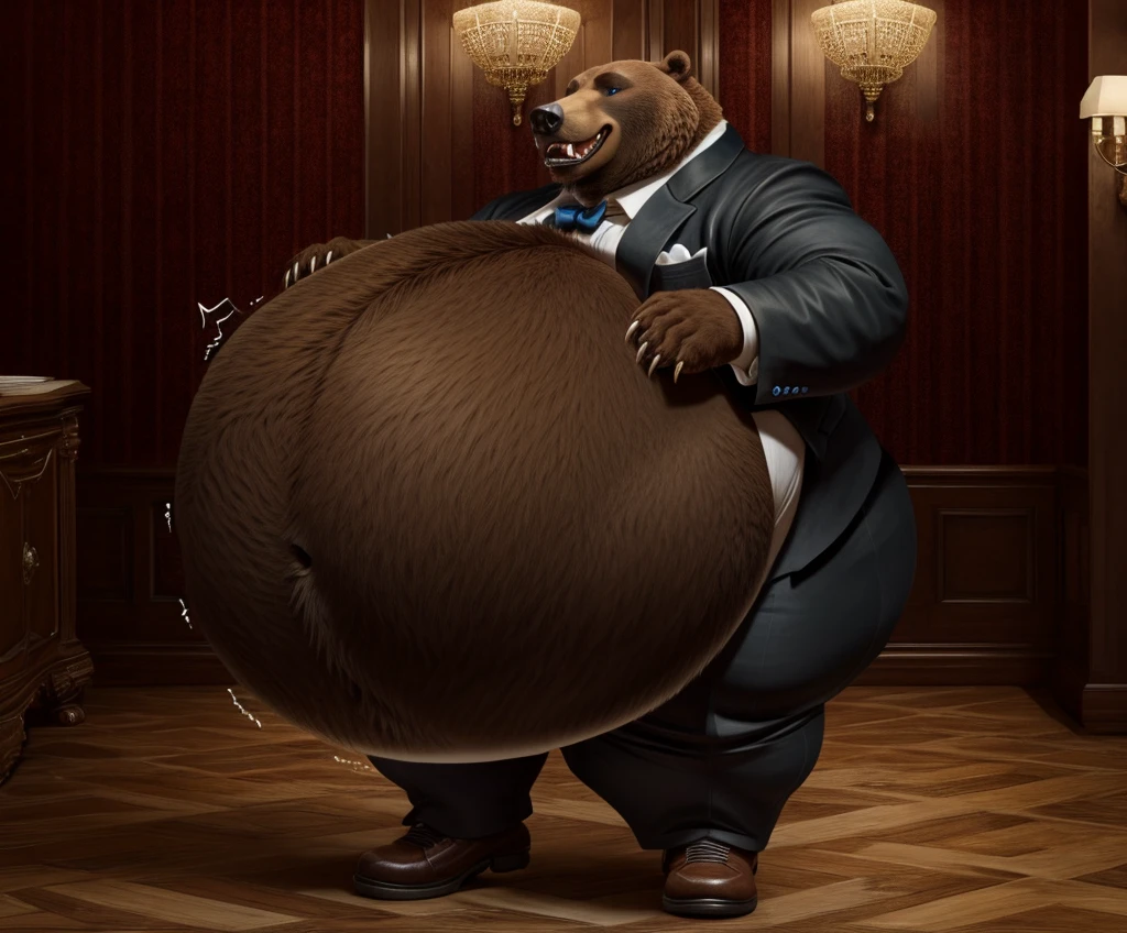 ((Masterpiece)),((Hight quality)),((Hught Detailed)),((Realistic,)) Anime Artistic masterpiece art, Concept anime art, Anatomy of character, Disney Obese sumo wrestler Millionaire Boss Bear in underwear, He is very Obese and very muscular Sumo wrestler, Extreme Bloated in the comisary, he is standing with good posture throwing bills at everyone