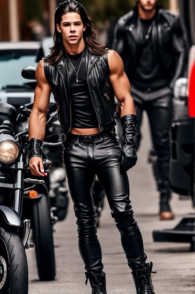 Austin Butler long hair ,delgado, atletico, muscular,wearing black pants in tuved ,top crop sleeveless black boots and black fingerless leather gloves ,  with a huge bulge in the pants and loaded on a motorcycle