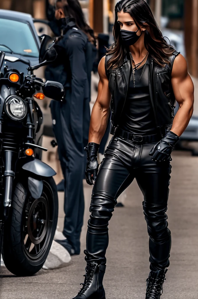 Austin Butler long hair ,delgado, atletico, muscular,wearing black pants in tuved ,top crop sleeveless black boots and black fingerless leather gloves ,  with a huge bulge in the pants and loaded on a motorcycle