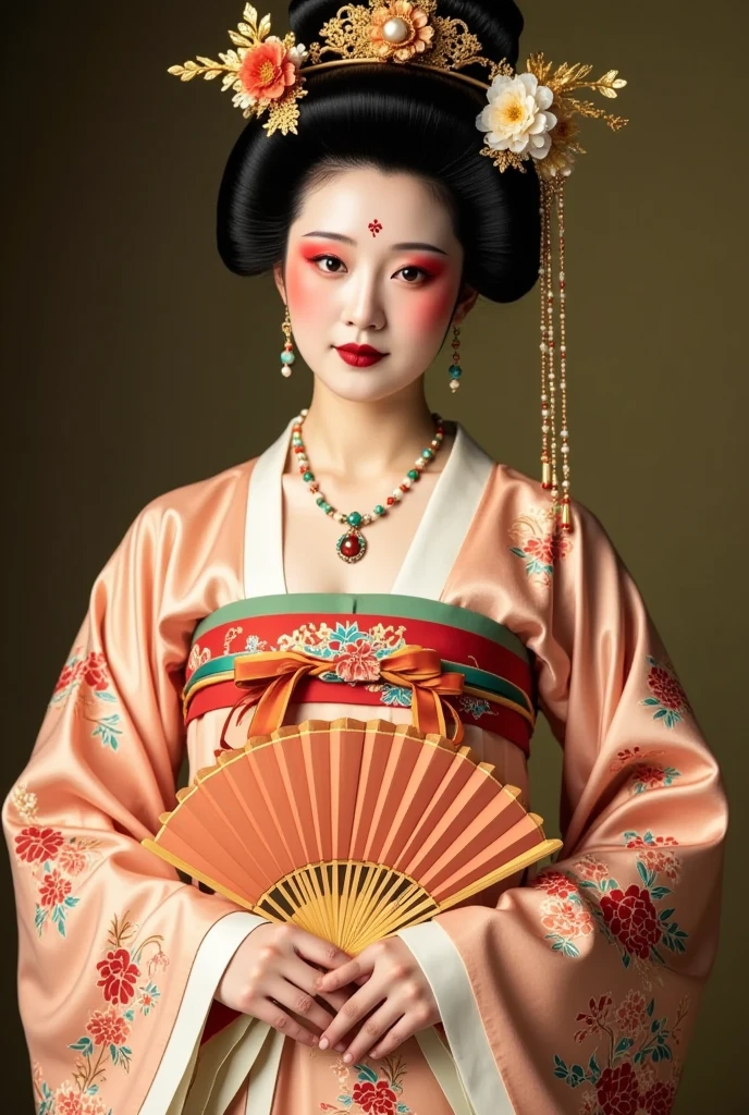  French white skin plump juicy woman dressed as a geisha, Kimono Beauty, Hold a fan， strapless