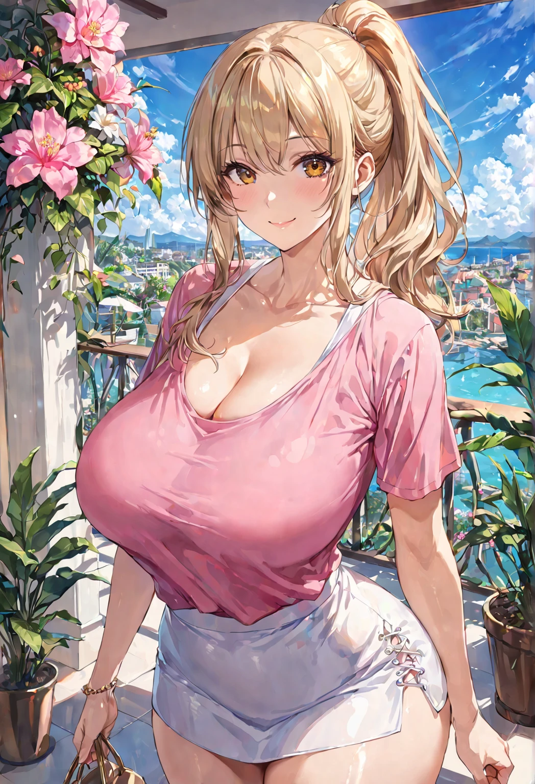 (masterpiece), (best quality), very detailed eyes, perfect face, very detailed face, highly detailed face, 1girl, ((mature woman)), milf, blonde hair parted bangs, loose ponytail, over-the-shoulder ponytail, brown eyes, big breasts, curvy hips, pink top scoop neck, white skirt, Cleavage, standing, smiling, closed mouth, sexy, living room background, glossy skin, shiny skin, 
Masterpiece, best quality, ultra-detailed, score_9, score_8_up, score_7_up
Blue sky, flower, garden
Standing 