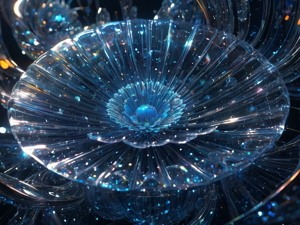   A glass-like transparent flower like the Fibonacci sequence, Surrounded by the brilliance of luminous crystals ,  by Ismail Incheoglu 、 Highly Detailed and Intricate Digital Illustration ,  James Jean , Anton Fadeev and Yoshitaka Amano,  Trending on Artstation,  bright color, Volumetric Lighting,  depth of writing,  Unreal Engine 5 ,  Backlight , 8k resolution 