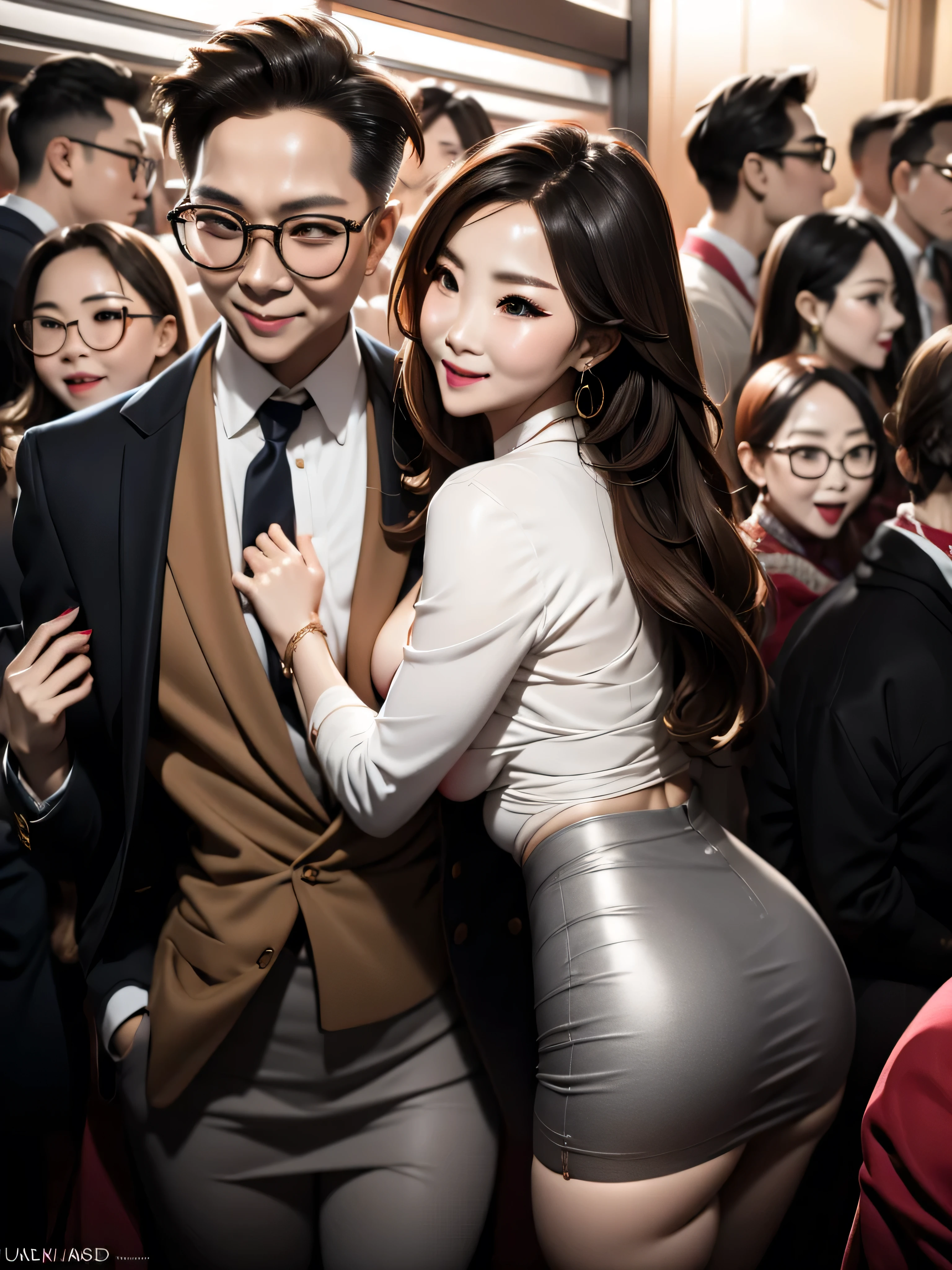 A beautiful woman wearing a revealing skirt suit no underwear, her elderly husband hugged and kissed her from behind in the crowded crowd, UHD, masterpiece, textured skin, super detail, best quality, 8k.