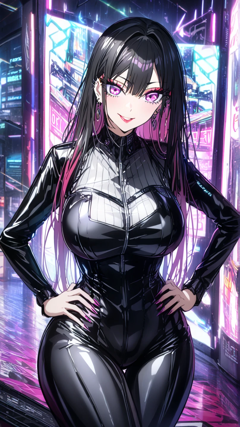 score_9, score_8_up, score_7_up, source_anime,
KitagawaMarin,
1girl, smile,
multicolored hair, long hair, magenta eyes, ear piercing, earrings, pink nails, makeup,
Marin kitagawa, (masterpiece, best quality), mib 2, sexy, HD, silver necklake, Big breast, black leather jacket, black latex corset, black leather pants, black heels, perfect body, sexy pose, hands on own hips