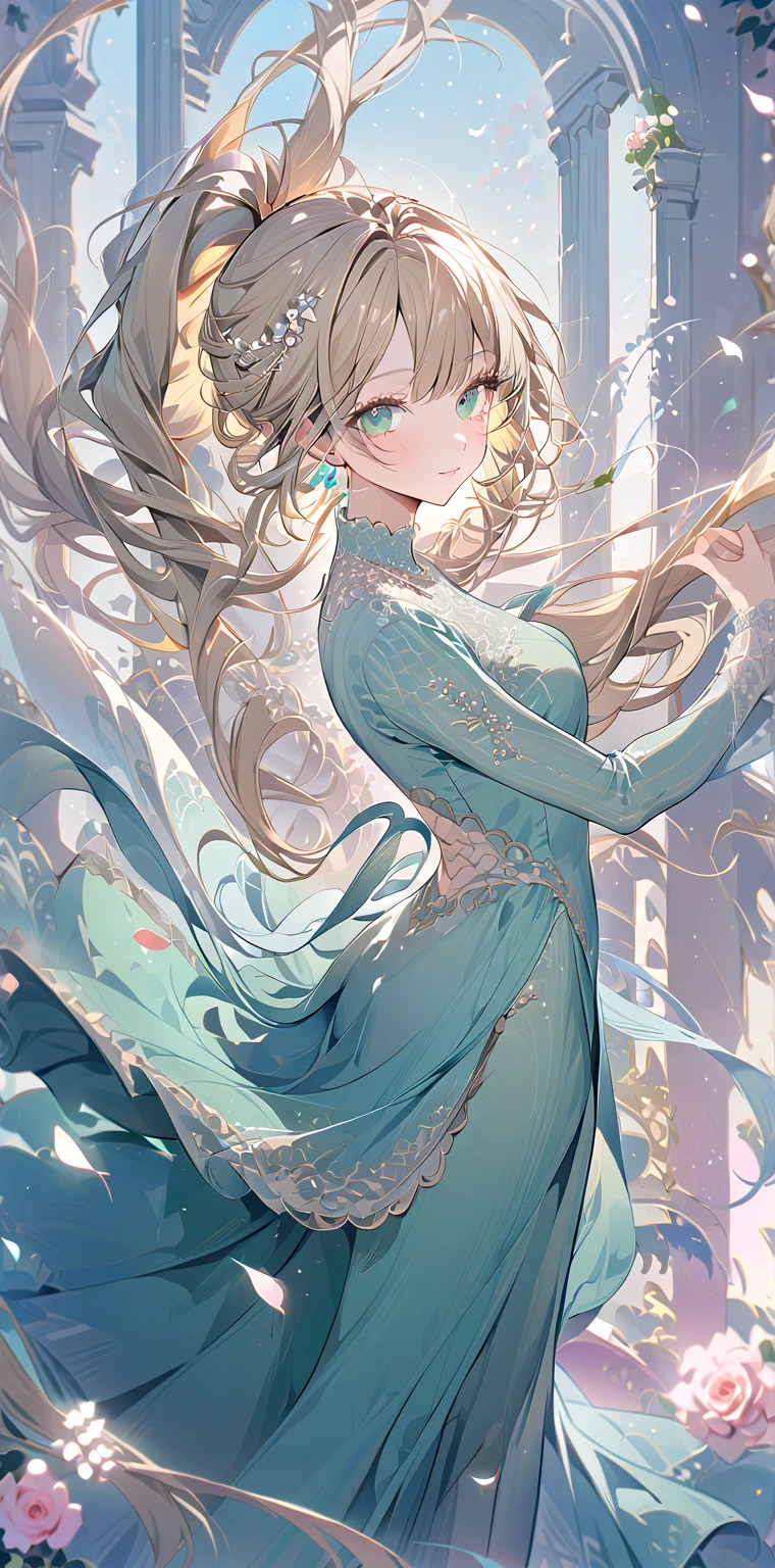 1girl, Rose gold blonde hair, absurdly long wavy hair ponytail, emerald green eyes, small mouth, slender body, large breast, lace long dress, ribbons swaying, white background, blooming pale pink flowers, petals dancing in the wind, soft light enveloping the scene, dreamlike atmosphere, contrapposto, gentle smile, look at viewer, soft focus, lens flare, masterpiece, best quality, pastel tones, lace details, ultra-detailed texture, perfect composition, high resolution, sharp focus, delicate brushwork, Vector Art, 2D flat, sleek design, AddXL, Dream Scenery, vibrant accents, lace-patterned details, simple shapes, flat colors, additional XL elements, and a dreamy, fantastical scenery