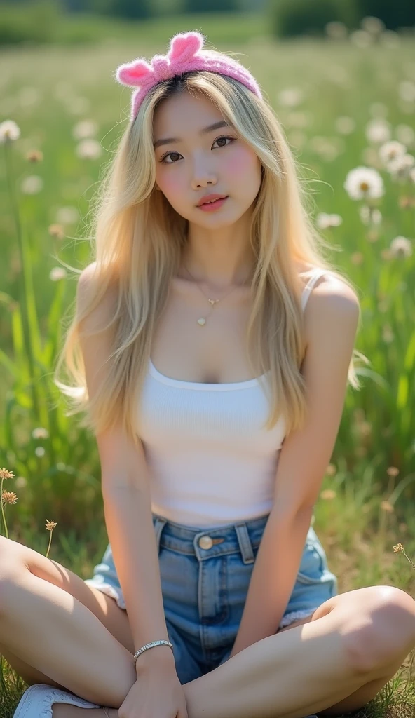 Best Pixels、Highest quality、Highest quality、masterpiece、blonde、Long Hair、summer、date、Denim shorts、sexy、sexy、T-Shirts、smile、Beautiful feet、Big eyes、Panty shot、Genuine、Crouching posture、from the front