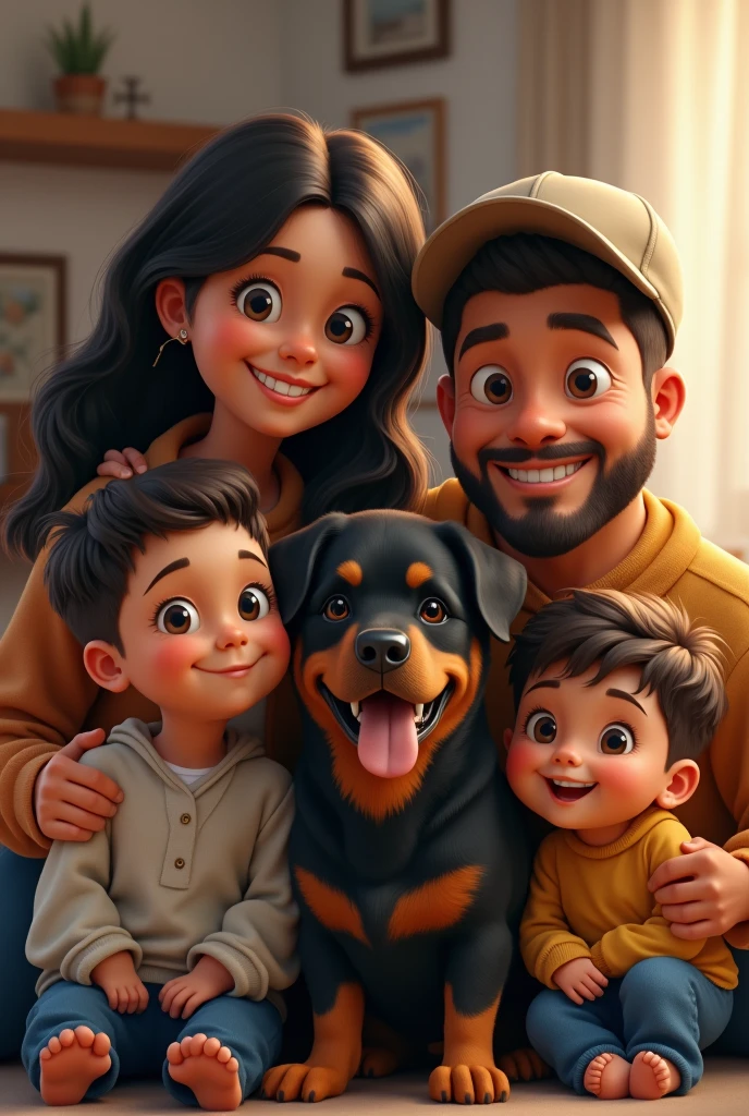 A rottweiler dog with a family, a 17 year old girl, a 20 year old with glasses, An 8 year old boy, a 46-year-old woman and a 47-year-old man