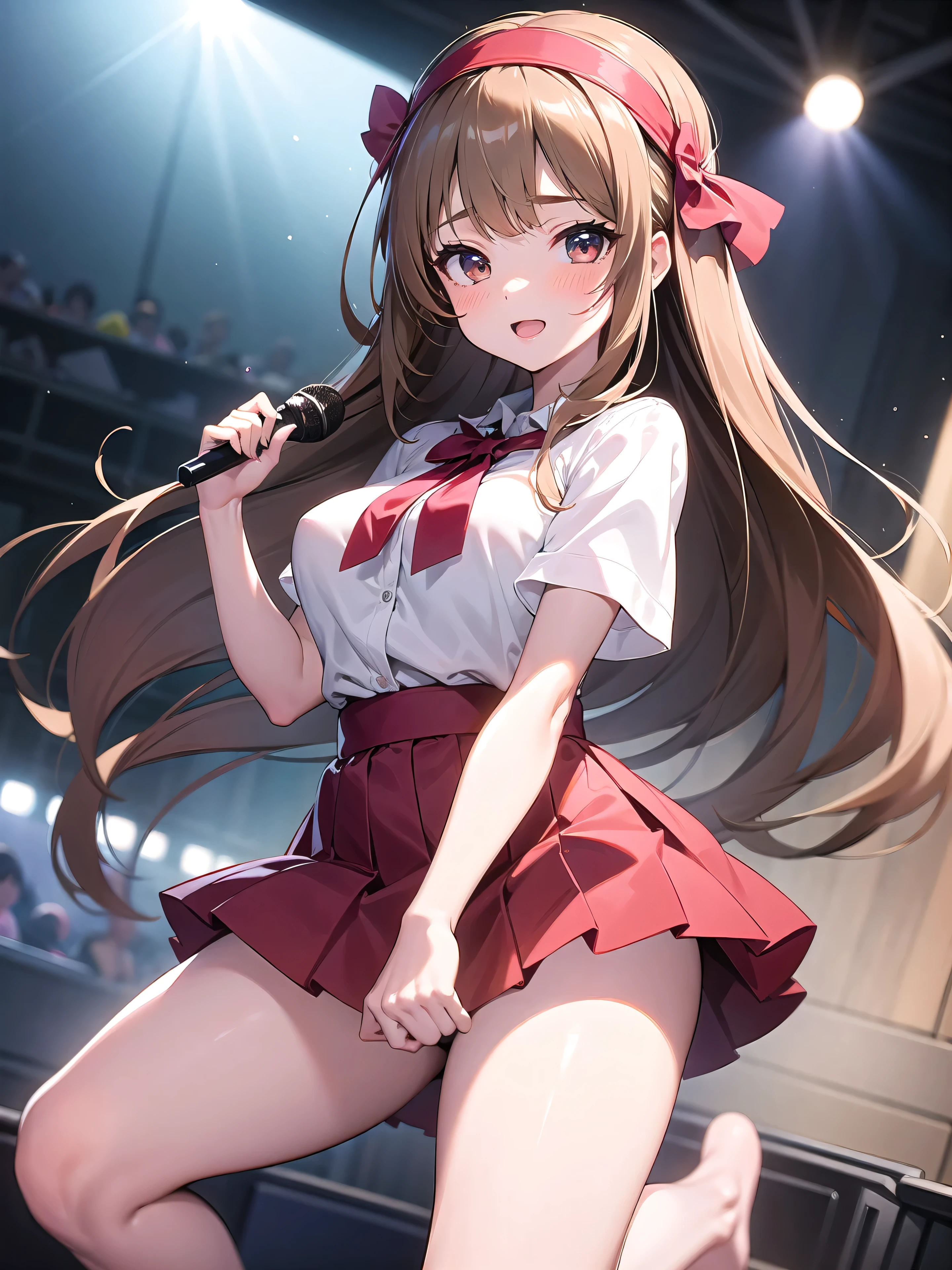highest quality、All limbs、full finger、Slender beauty、brown hair、Dereste、red, 白とredのアイドル衣装:1.1、knee socks、beautiful big breasts、live stage、sing、holding a microphone, dancing, big smile、(white horizontal lace panties :1.1), The skirt is flipped by the wind, show off panties, (shirt lift:0.95)