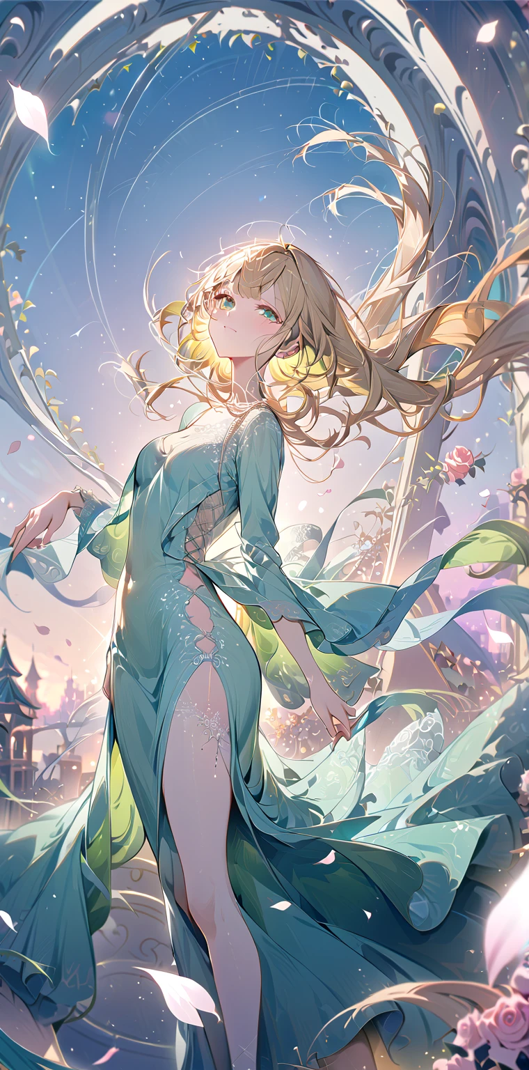 1girl, Rose gold blonde hair, absurdly long wavy hair ponytail, emerald green eyes, small mouth, slender body, large breast, lace long dress, ribbons swaying, white background, blooming pale pink flowers, petals dancing in the wind, soft light enveloping the scene, dreamlike atmosphere, contrapposto, gentle smile, look at viewer, soft focus, lens flare, masterpiece, best quality, pastel tones, lace details, ultra-detailed texture, perfect composition, high resolution, sharp focus, delicate brushwork, Vector Art, 2D flat, sleek design, AddXL, Dream Scenery, vibrant accents, lace-patterned details, simple shapes, flat colors, additional XL elements, and a dreamy, fantastical scenery