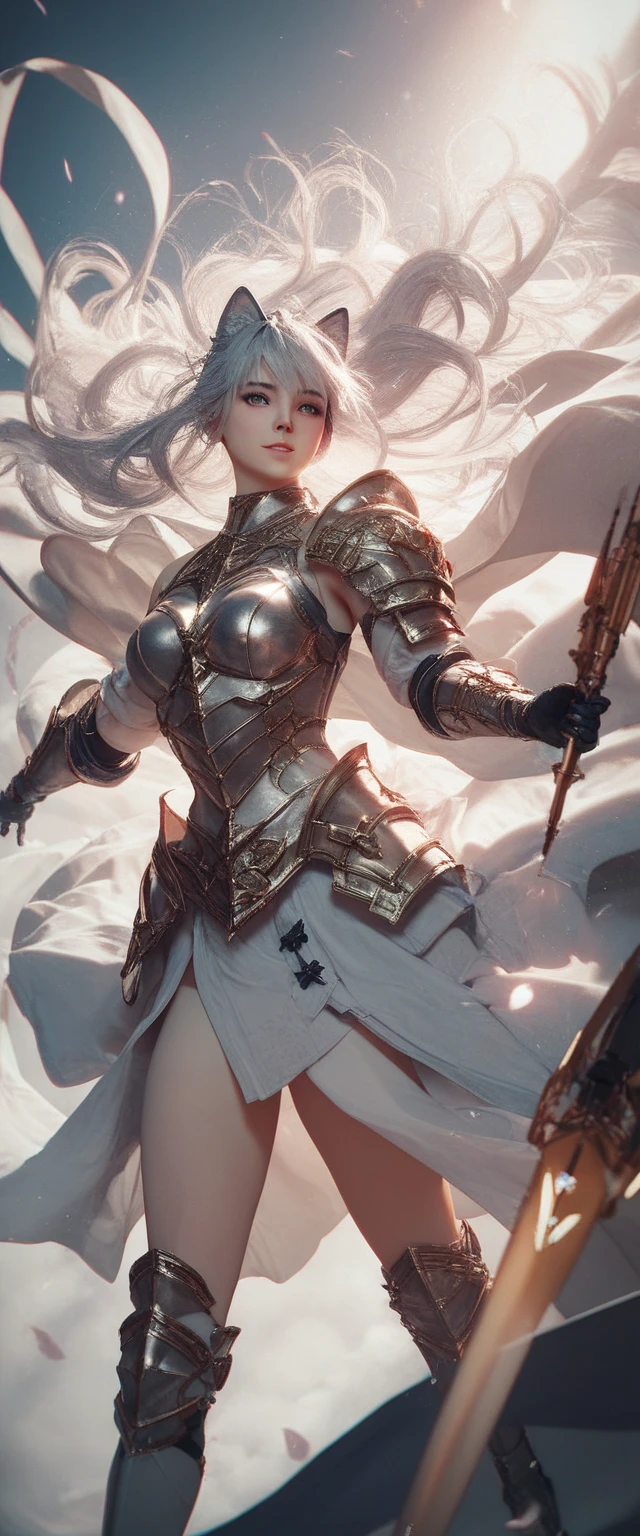 ((masterpiece, best quality)), Epic battlefield atmosphere，Delicate face，knight，Pure White Bride Armor，Halo，whole body，Standing picture，Perfect body proportions，Double ponytail hairstyle，Beautiful silver eyes，Fantasy style，White background，transparent，Lace