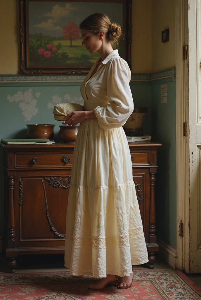 award winning epic masterpiece conveying a sense of sensuality, full body shot photo of a feverish pretty irish peasant girl in the 19th century, getting undressed, undressing in a dark poor room, intricately detailed, exquisite natural lighting, cinematic LUT
